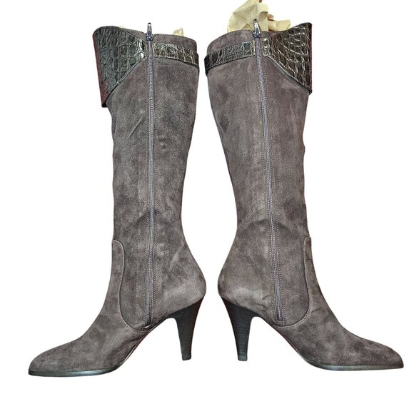 Max De Carlo Italian Knee-High Boots 7B Brown Suede & Leather Croc Embossed - Picture 2 of 11